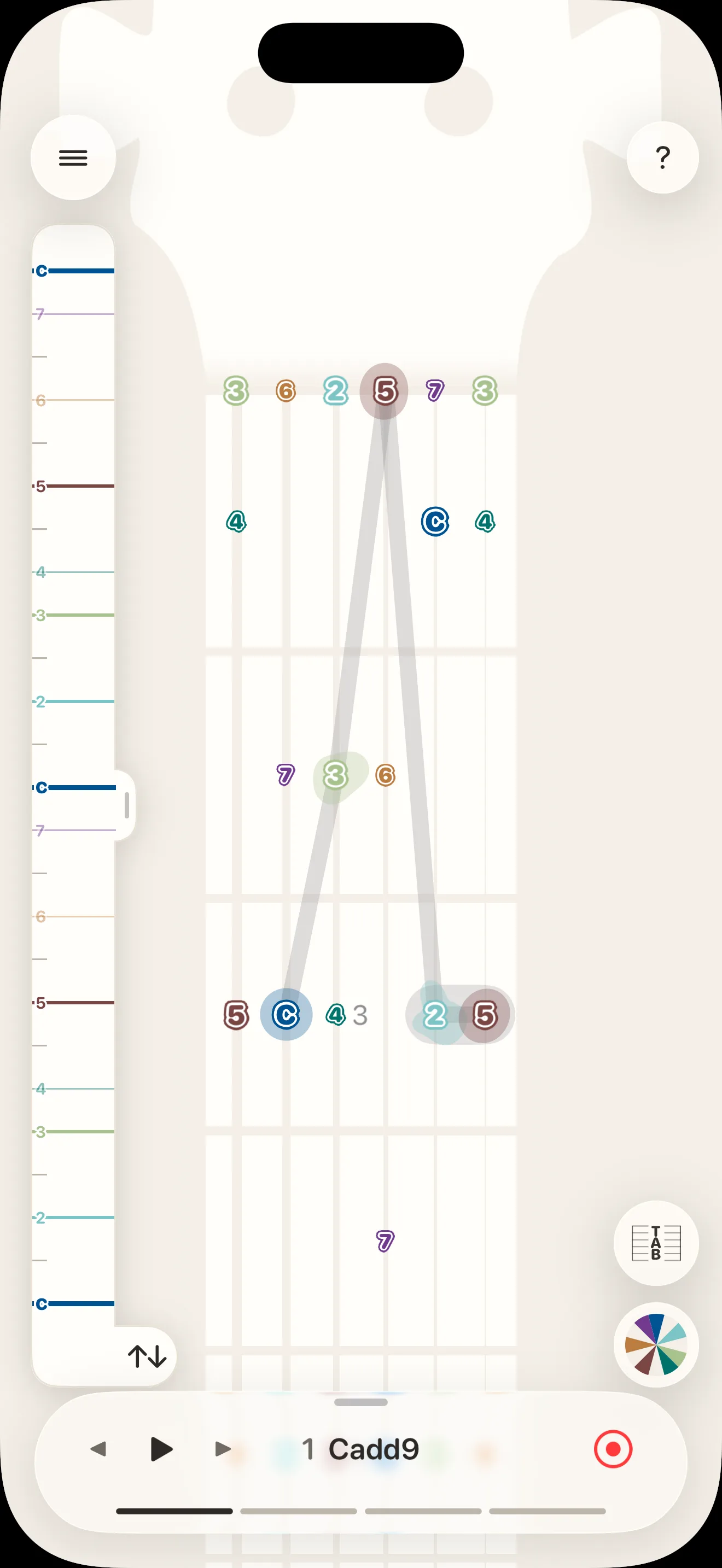 Bard, with a melody on the fretboard and the transport below it
